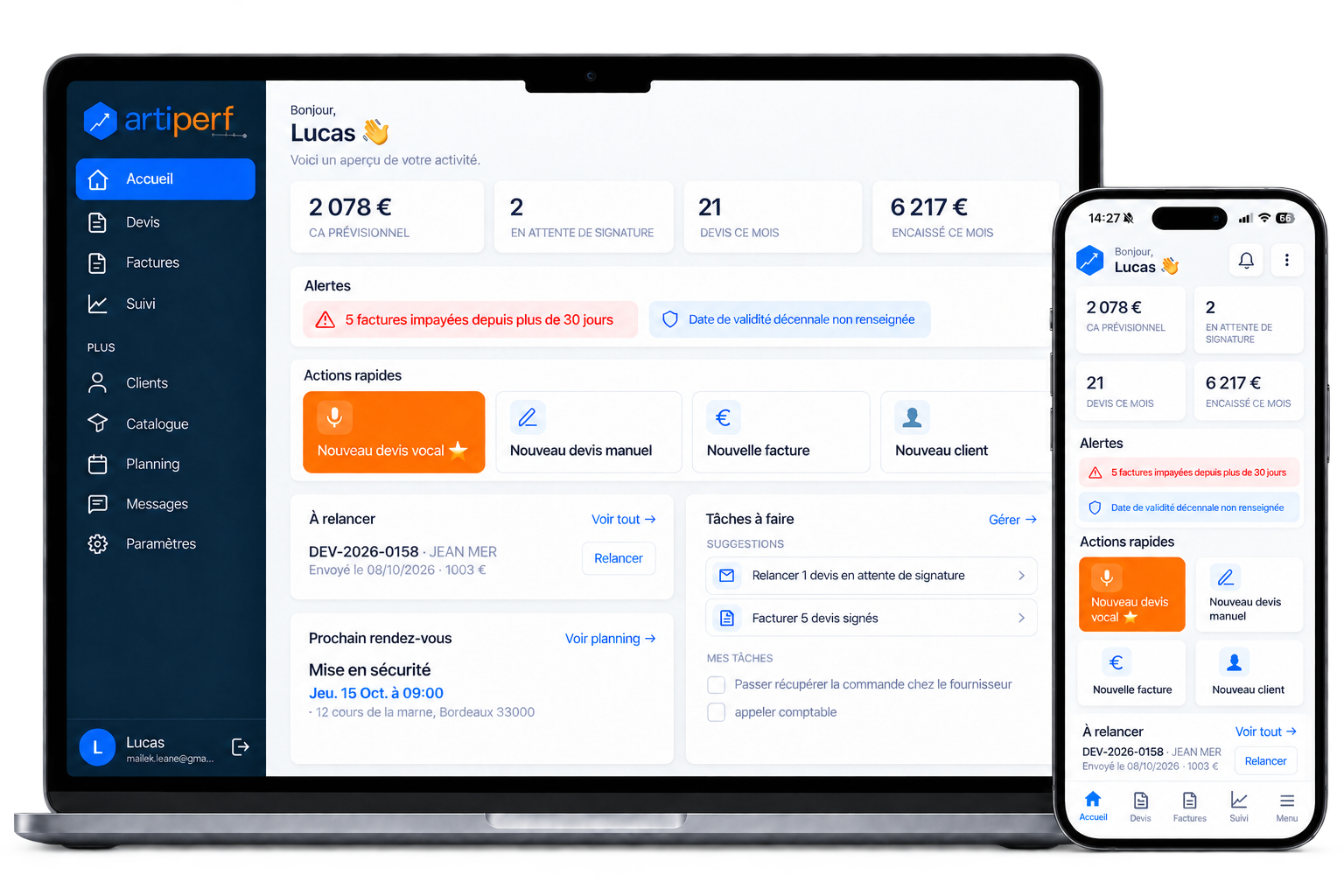 Espace client Artiperf sur ordinateur et téléphone : suivi de l’activité, devis, factures et actions rapides